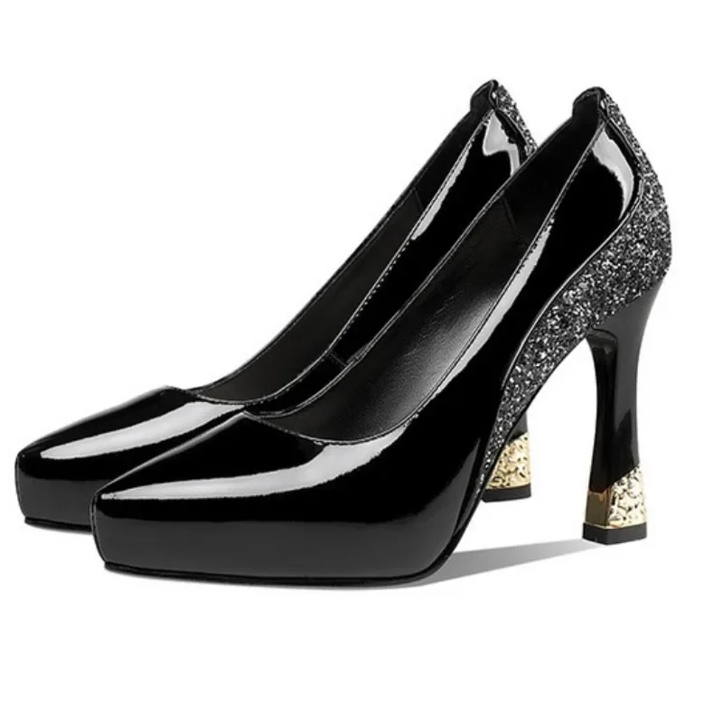 2025 Spring New Pointed Shallow Patent Leather High Heels Fashion Elegant Shoes for Women Thin Heel Platform Work Pumps Zapatos 6