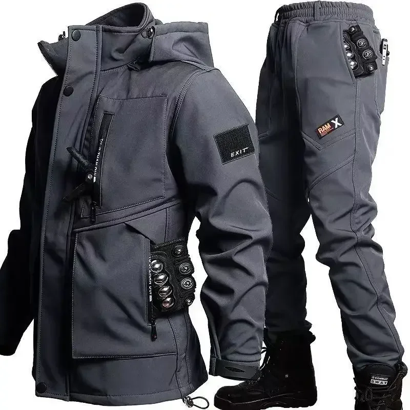 Winter Outdoor Mens Combat Sets Thicken Windproof Warm Tactical 2-pcs Fleece Multi Pocket Hooded Jacket+Cargo Pants Charge Suits