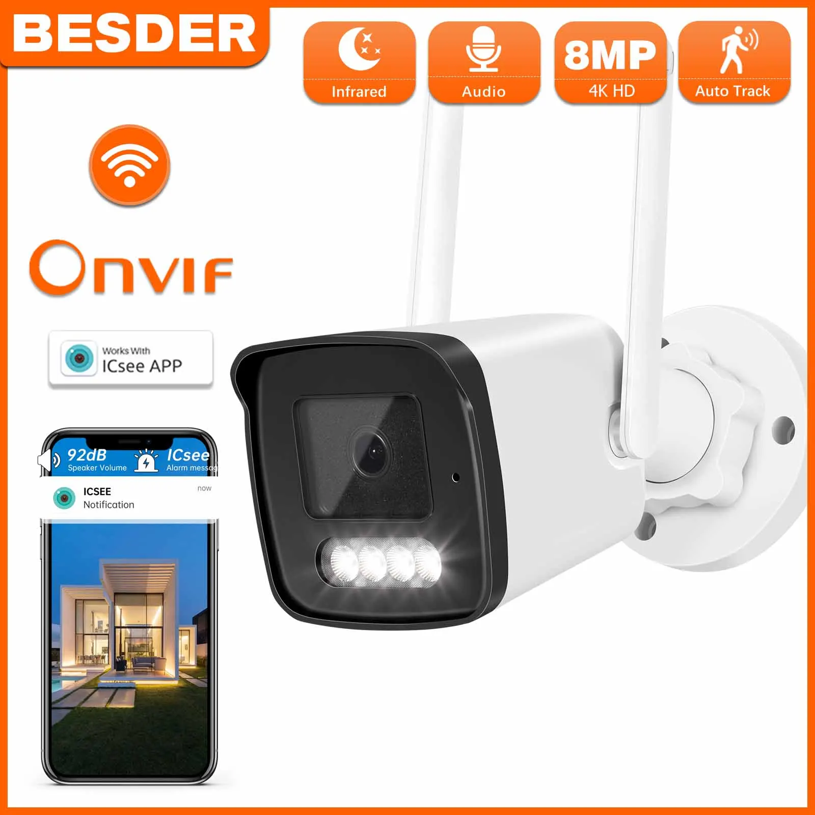 

BESDER 8MP Audio Bullet IP Camera Wifi Wireless AI Human Detect iCSee 4K CCTV Outdoor Surveillance Camera With SD Card Slot