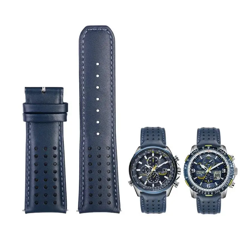 SCHIK 22mm 23mm Blue color Genuine Leather Watchband Strap Men's Watchband For Citizen AT8020-54L/JY8078 with folding buckle