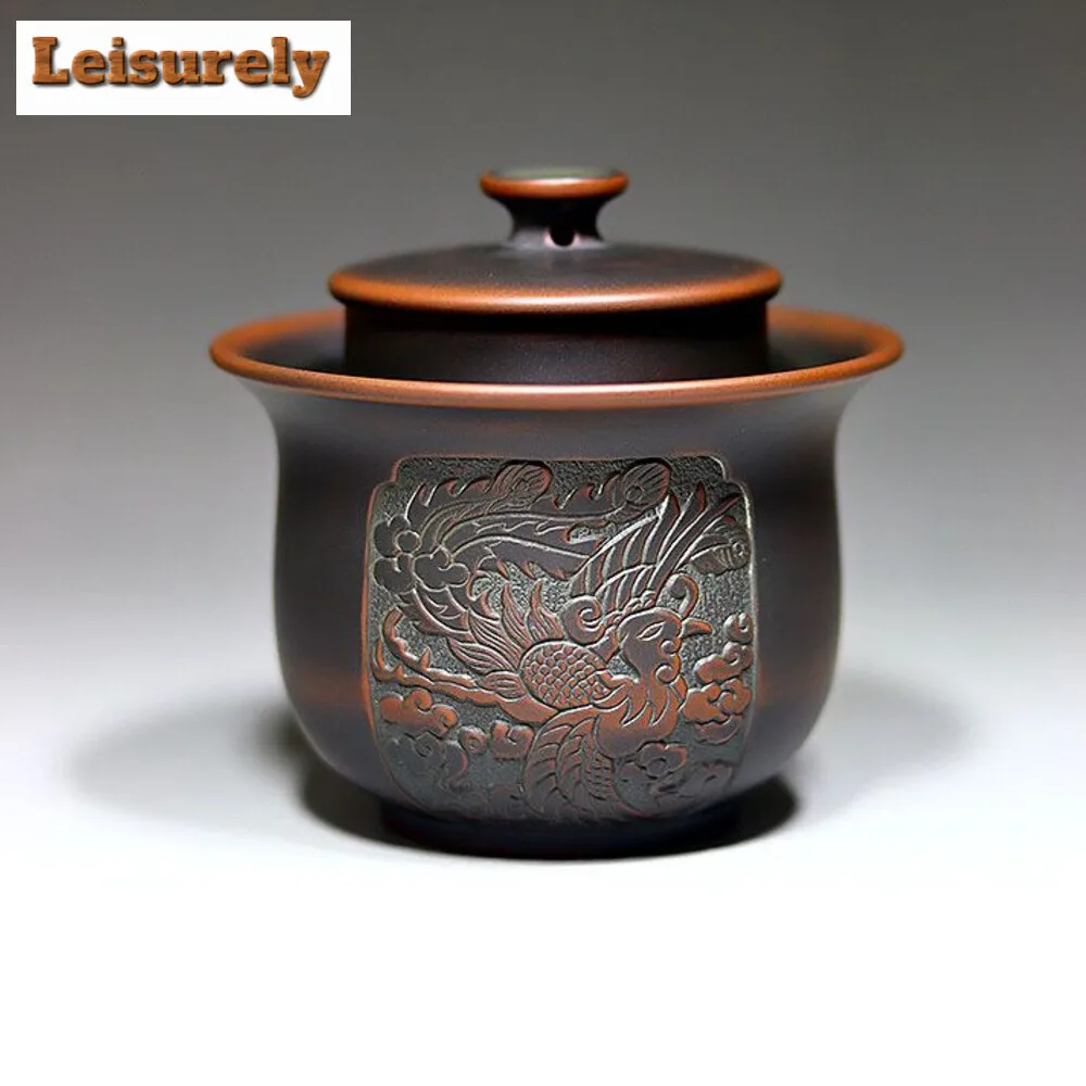 200ml Handmade Qinzhou Nixing Pottery Tea Tureen Dragon and Phoenix Hand Grab Pot High End Tea Lid Set Gaiwan Teaset Collection