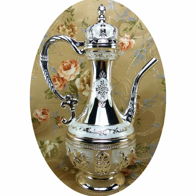 

Tin metal round wine pot with silver white rose capacity of 8 liang and 400ml European style