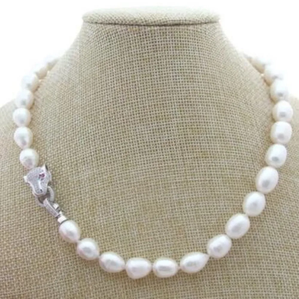 

Hand knotted necklace natural 10-11mm white freshwater rice pearl sweater chain nearly oval pearl leopard head clasp 45cm