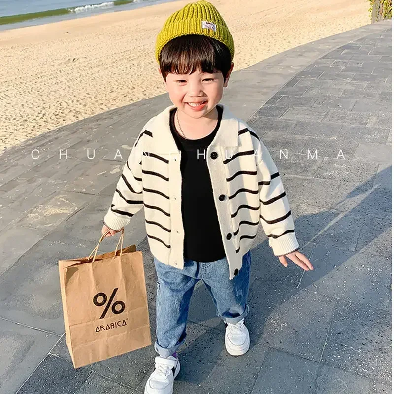 소년 뜨개질 카디건 스웨터 서양식 2022 봄, 가을 새로운 잘 생긴 어린이 얇은 캐주얼 스트라이프 코트