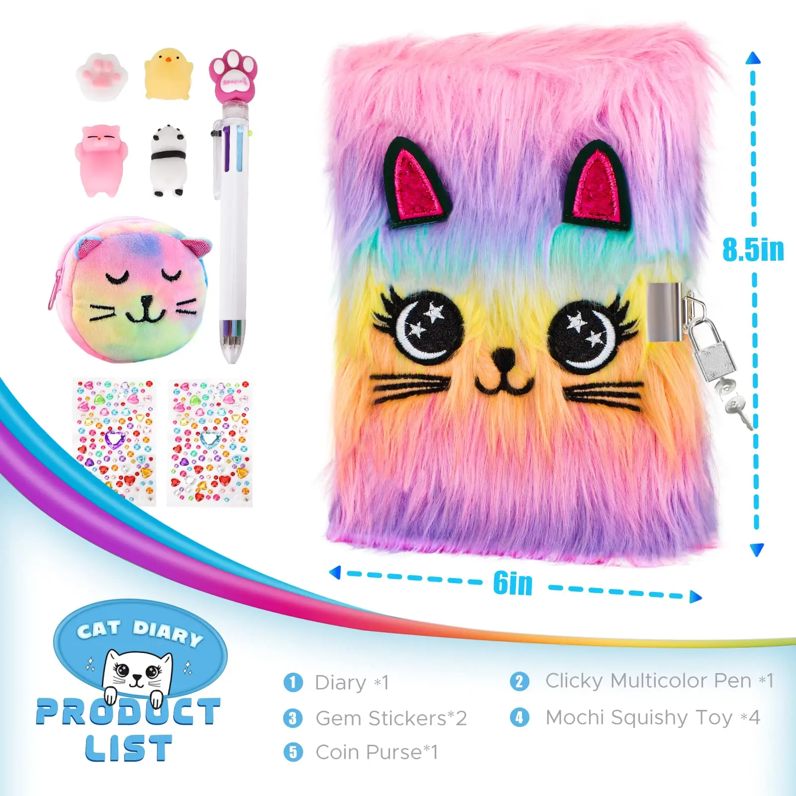 Cute Cat Diary with Lock and Keys for Girls Plush Secret Journal for Kids with 160 Lined Pages Hardcover Fluffy Locking Notebook 2