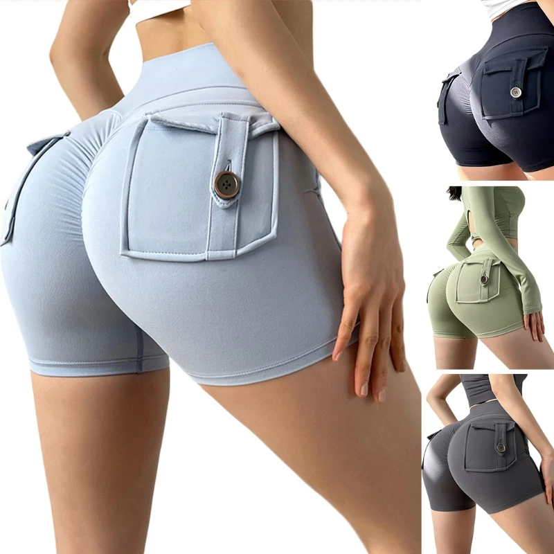 

Women High Waisted Skinny Yoga Shorts Butt Lift Ruched Pockets Cargo Hot Pants Dropship