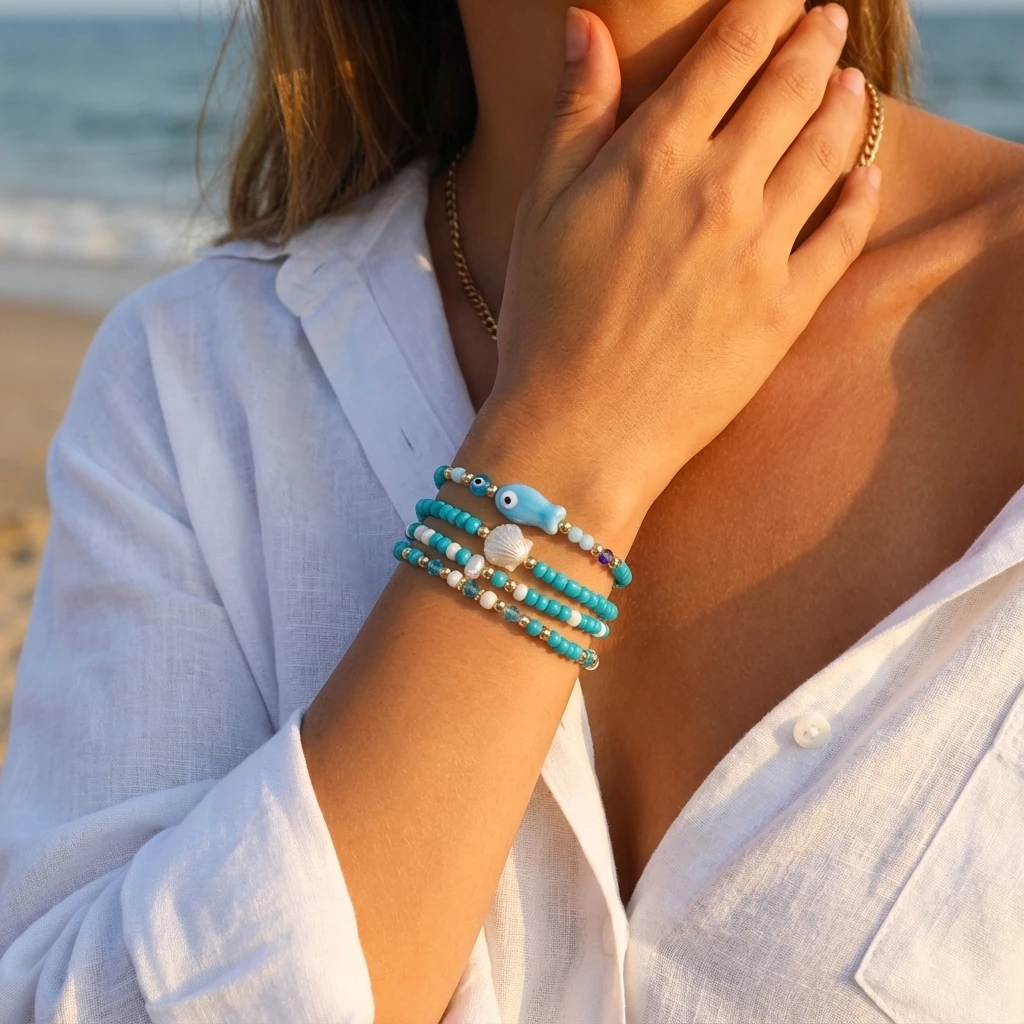 Böhmisches mehrschichtiges Perlenarmband-Set für Frauen, Sommer, Ozean, Strand, Muschel, Fisch, böser Blick, elastisch, stapelbar, Armreifen, Schmuck, Geschenk