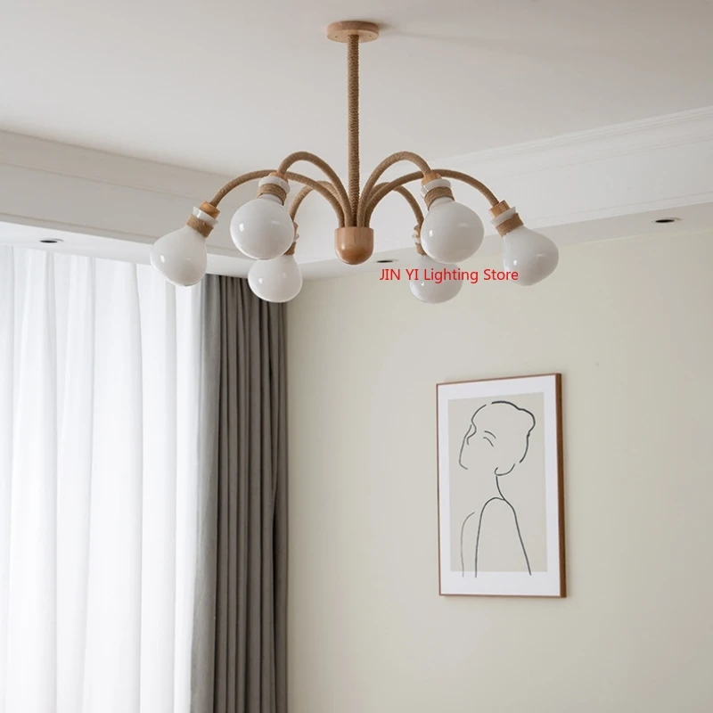 Japanese Style Wooden Wabi Sabi Cream Style Living Room Chandelier Design Sense Hemp Rope Homestay Study Bedroom Chandelier