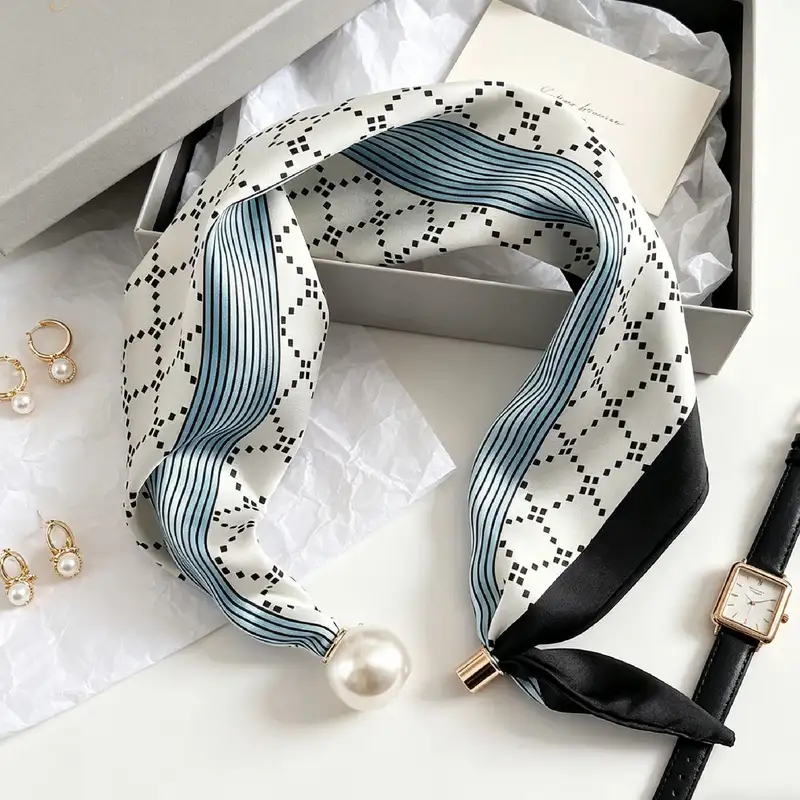 Elegant Chic Pearl Stripe Scarfs Women Fashion Convenient Magnetic Buckle Scarf Pearl Tail Artistic Accessory Neck Wrap Scarves - Image 5