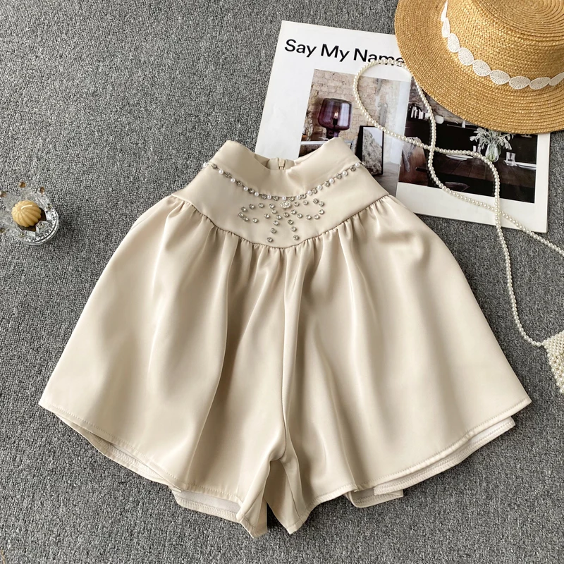 VANOVICH 2022 Spring and Summer Fashion Heavy-duty Beaded Diamond Bow HIGH Wide Leg Pants Shorts Solid Casual Women Shorts high waisted shorts