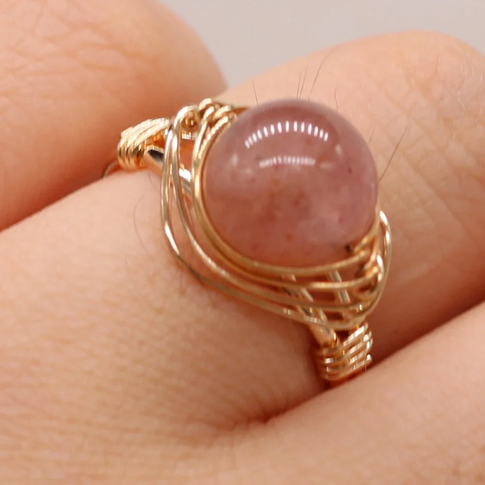 Natural Gems Stone Fashion Wire Wrapped Rings Reiki Healing Amethyst Agate Jade Tiger Eye Stone Resizable Ring Wedding Jewelry - 2
