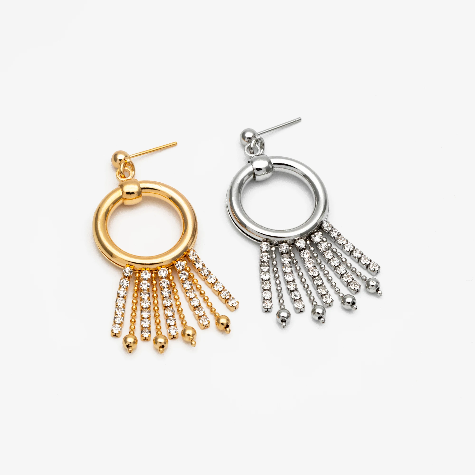 

4pcs Gold/ Silver Tone Circle Hoop Tassel Earrings 54x22mm, 18K Gold/ Rhodium Plated Brass Dangling Stud Earring (GB-4300)