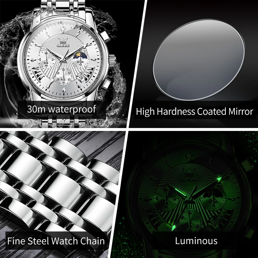 OLEVS 2892 Original Men's Watches Stainless Steel Waterproof Moon Phase Chronograph Auto Date Clock Luxury Quartz Watch for Men