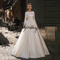 Muslim Wedding Dress Vestido De Noiva Customized Long Sleeves Sequin Applique Sweep Train Arabic Satin Bridal Gown for Bride 1