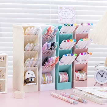 Pen Container Oblique Insert Transparent Plastic Pen Organizer Storage Box School Supplies Desktop Office Makeup Pencil Holder