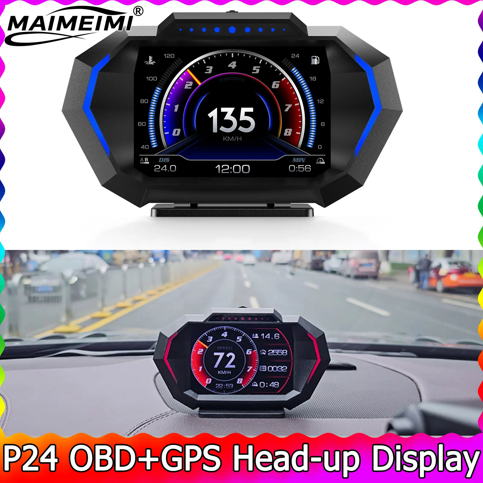 Head Up Display OBD GPS HUD P24 Digital Dashboard Head Up Display Real-Time Car Speedometer & Odometer for All Vehicles Navigation