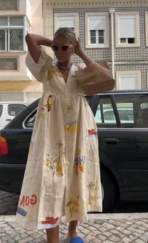 Elegant Printed Dress Women V Neck Puff Sleeve Loose Midi Female Dresses 2024 Summer Holidays Casual Lady Beach A-Line Vestidos