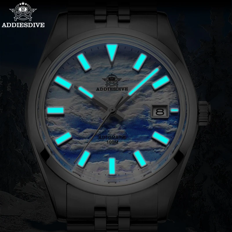 ADDIESDIVE New Automatic Watch for Men 3D Cloud Sea Dial NH35 Mechanical 100m Diving Business Watch Blue Luminous WristWatch Man