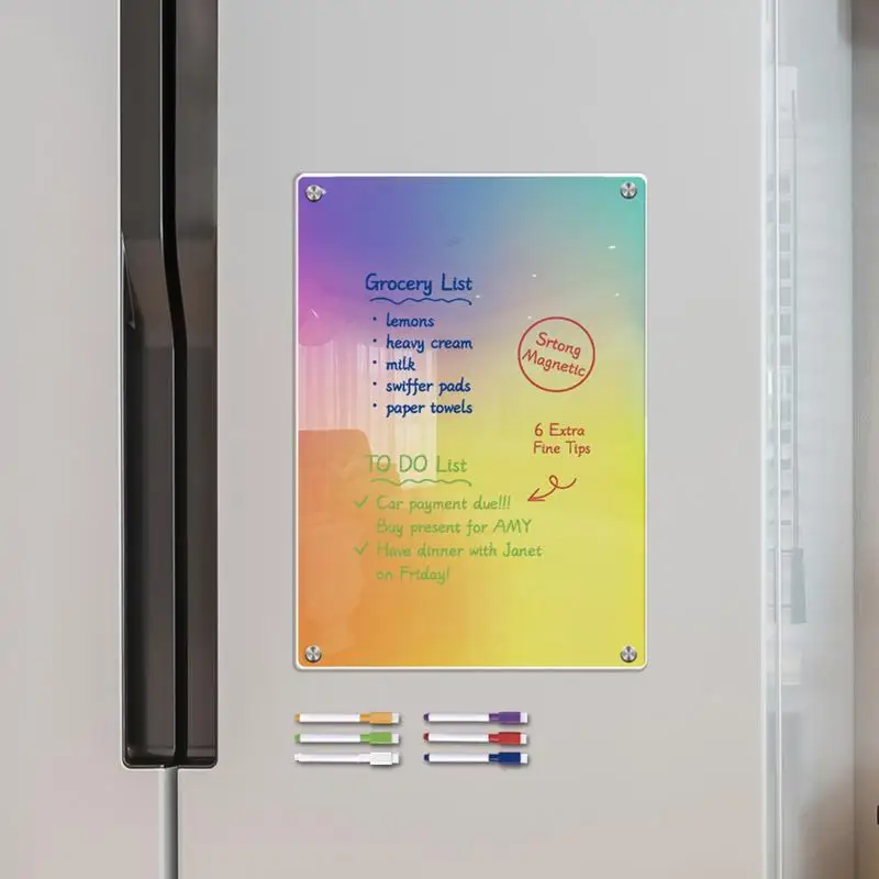 Fridge Planner Magnet Acrylic Magnetic White Board Erasable Multifunctional Planner Memo With 6 Whiteboard Markers Planning