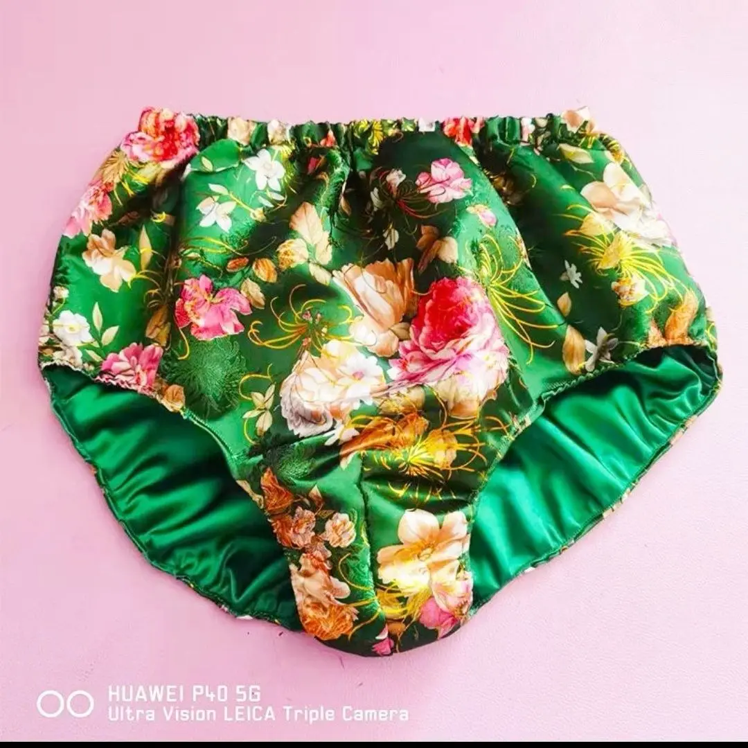 No Elastic Glossy Floral Embroidery Ice Silk Satin Lingerie Panties Plus Size Underwear Sexy Medium Waist Briefs