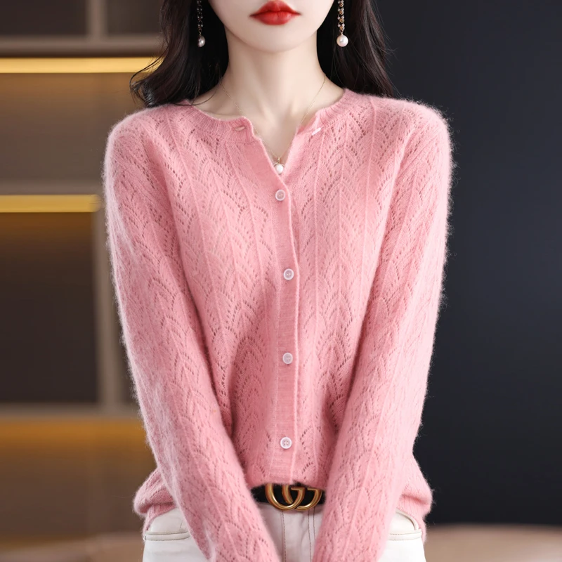 

Autumn and Winter New 100% Cashmere Sweater Women's Round Neck Cardigan Women's Hollow Out Cashmere Sweater Women's Loose Fit