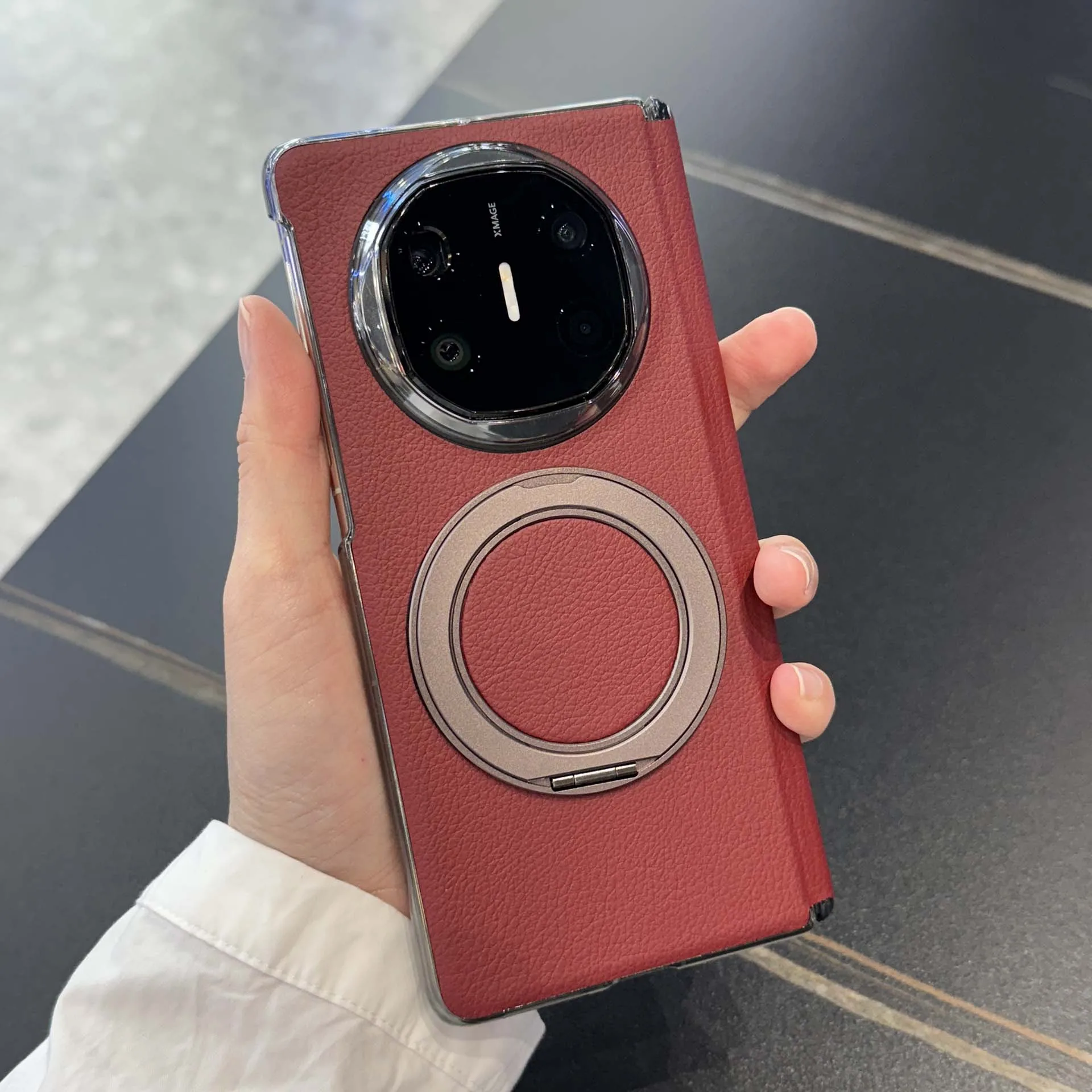 Electroplated Matte Leather Magnetic Ring Holder Case with Folding Hinge Cover