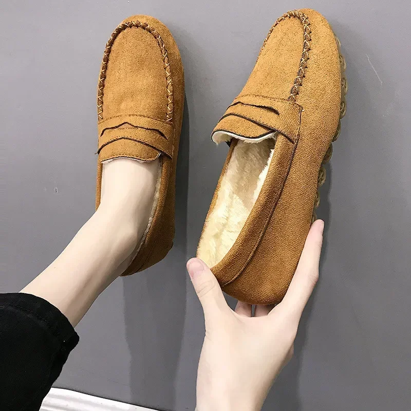 Winter Women Shoes Short Plush Outdoor Sewing Slip-On Casual Ladies Non-Slip Bottom Moccasins Female Comfortable Flats Loafers