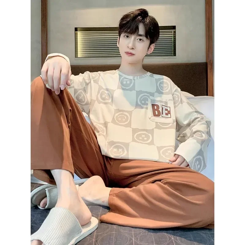 Plus Size Men Pajamas Set Spring and Summer Plaid Solid Color Youth Sleepwear Homewear Tops and Pants Nightwear Loungewear pajama sets