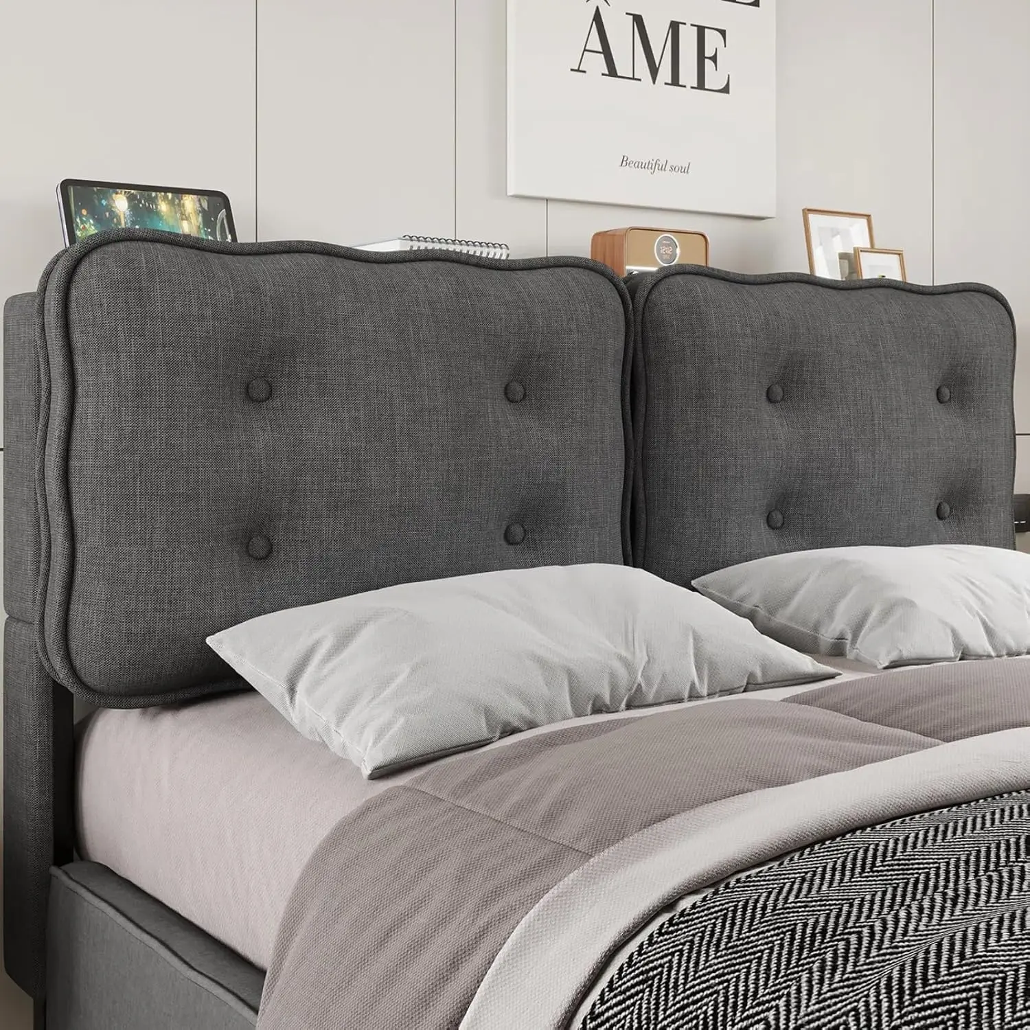 King Size Upholstered Headboard with Storage Linen Tufted King Size Headboard Only Modern Biscuit Shape with Ad