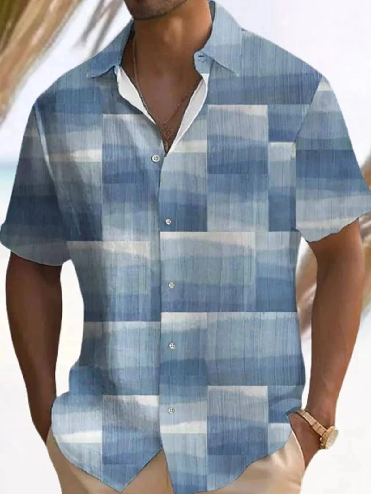 Summer retro plaid print pattern short sleeved lapel single breasted shirt Hawaiian shirt casual men's top comfortable fabric 5