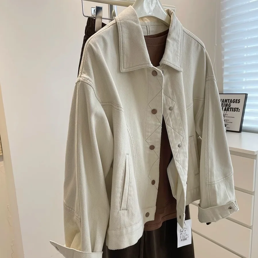 Korean Beige Denim Coat Spring and Autumn Bright Line Design All Matching Slim Loose Casual Short Jacket Blouse Women Traf