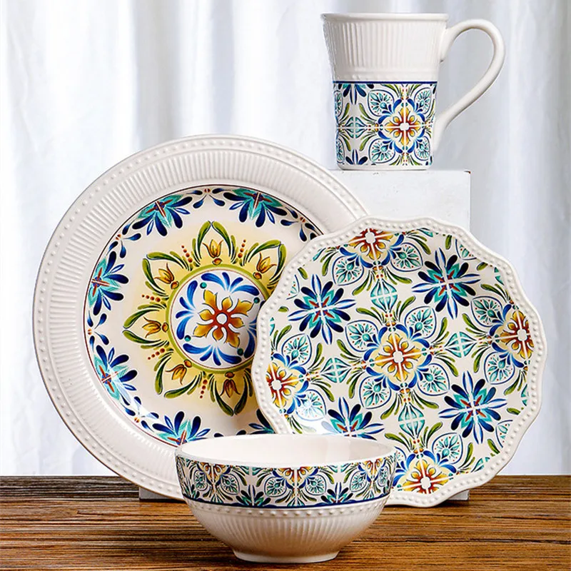 

American Creative Relief Irregular Ceramic Tableware Dinner Service Tray Bowls Mug Ins Porcelain Dinnerware Set For Family Hotel