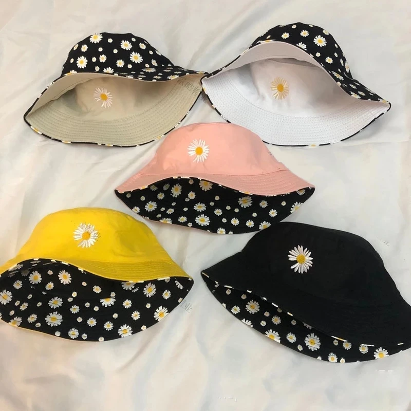 Summer Daisy Double-Sided Bucket Hats Women's Embroidery Hip Hop Panama Bob Caps Folded Beach Sun Fisherman Hat For Ladies