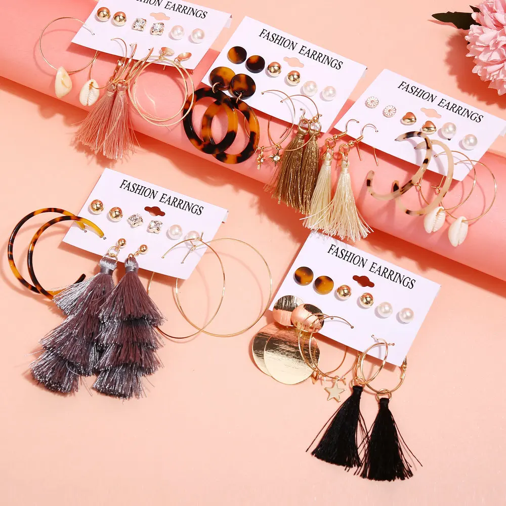 10Set/Lot Mix Bohemia Tassels Drop Earring Set For Women Acrylic Hoop Stud Earring Girls Boho Jewelry Wholesale