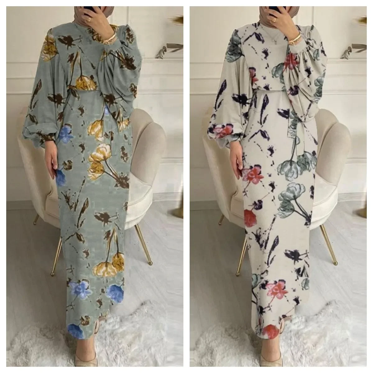 Hijab Muslim Dress Abaya Dubai Turkey Puff Sleeve Floral Print African Long Dresses for Women Party Islamic Kaftan Robe Vestidos