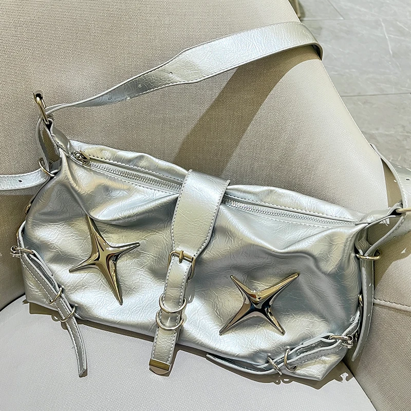 Xiuya Silver Y2k Womens Shoulder Bag Vintage Leather Original Fashion Casual Handbag Hot Girls Designer Advanced Crossbody Bag