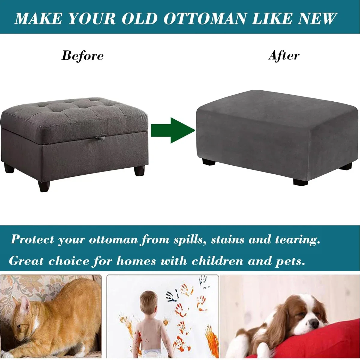 4 Szie Real Velvet Form Stretch Rectangle Folding Storage Covers Ottoman Washable Removable Footstool Protect Slipcovers 6