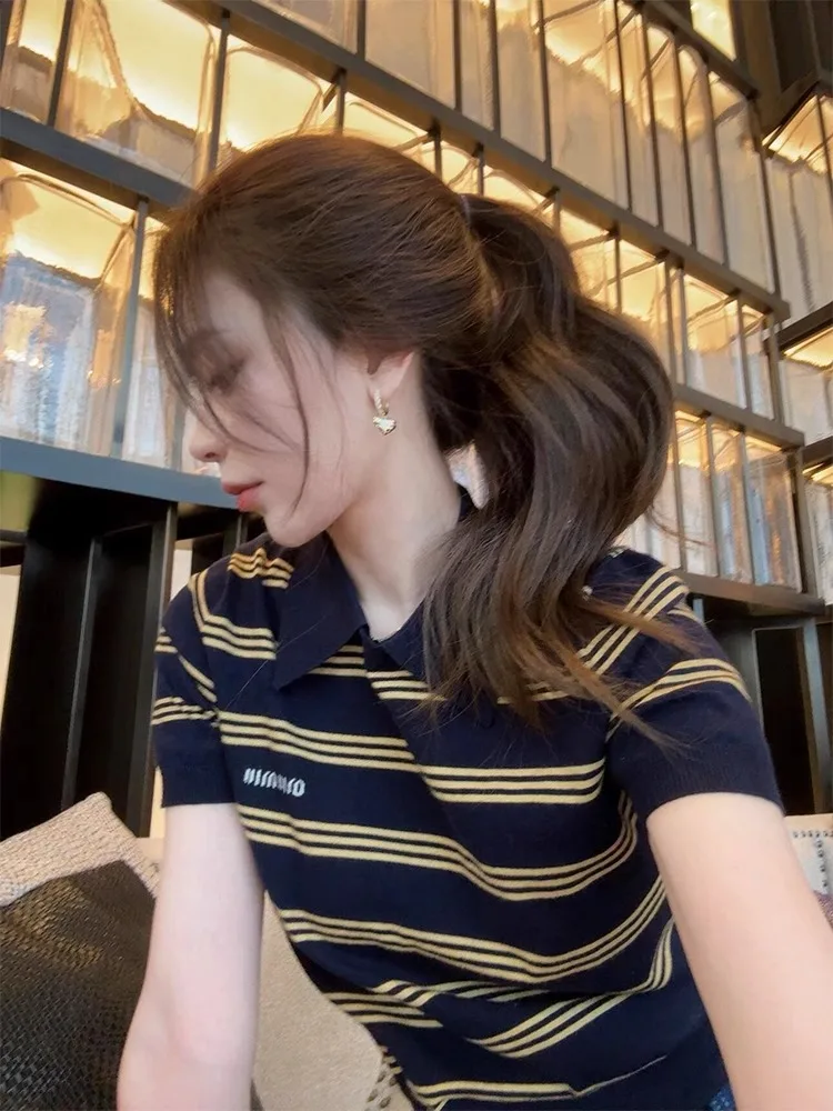 Ele Retro Color Blo  Ne ort Sve T-irt Women Summer Thin Ice Silk Knitted Top Slim Fit Korean Sle Commute