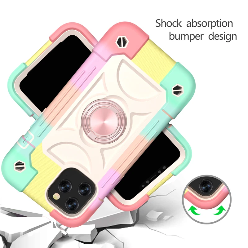 Armor Bumper Shockproof Phone Case For iPhone 14 13 12 11 Pro Max XR XS Max X 7 8 Plus Colorful Rugged Ring Holder Hard PC Cover