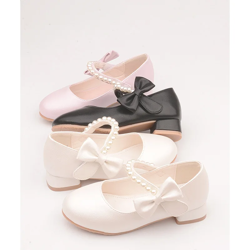 White Bow Spring and Autumn Girls High Heel Princess Shoes Pearl Tide Pumps girls high heel shoes