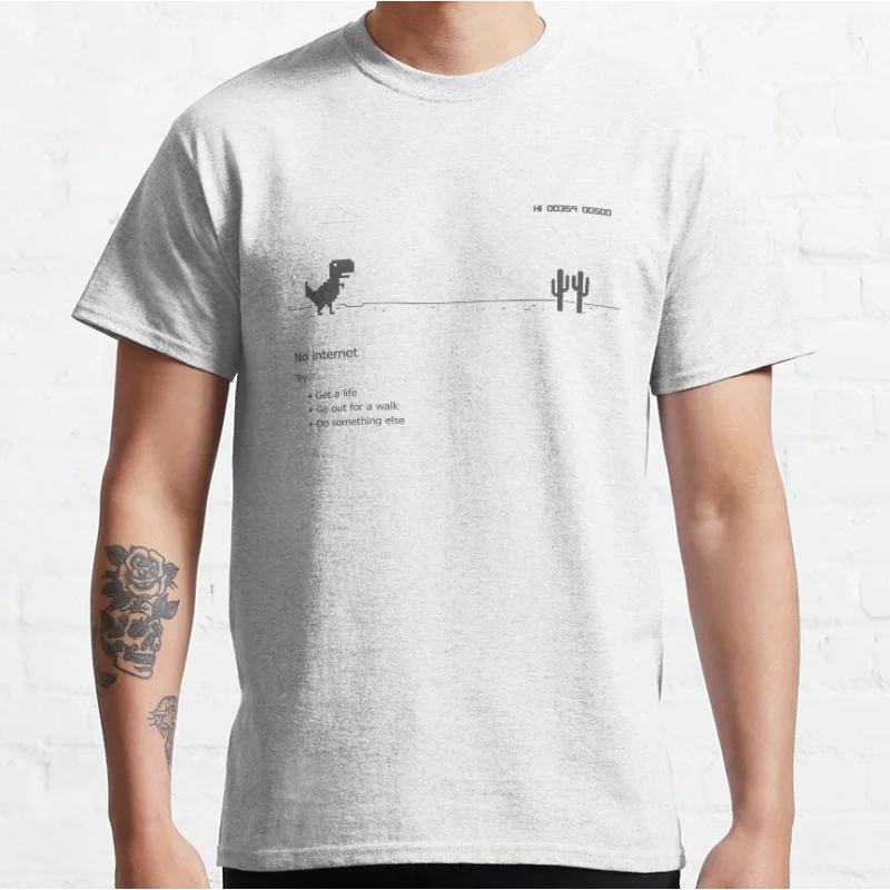 Fehler Dino – keine Internetverbindung. Lustiges Offline-T-Rex 90er-Jahre-Cartoon-Pixel-Videospiel-Dinosaurier-T-Shirt, große Größe für Erwachsene