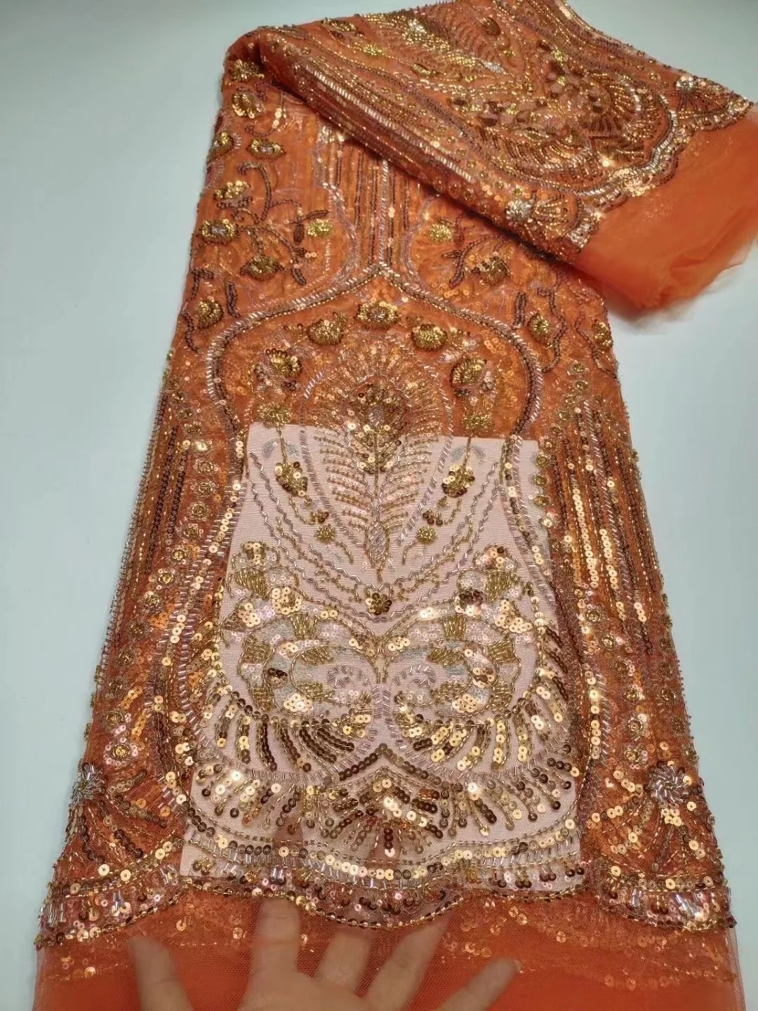 

Orange African Nigerian Wedding Asoebi Dress Luxury Beaded Lace Fabric 2023 High Quality Embroidery Sequins Lace For Women