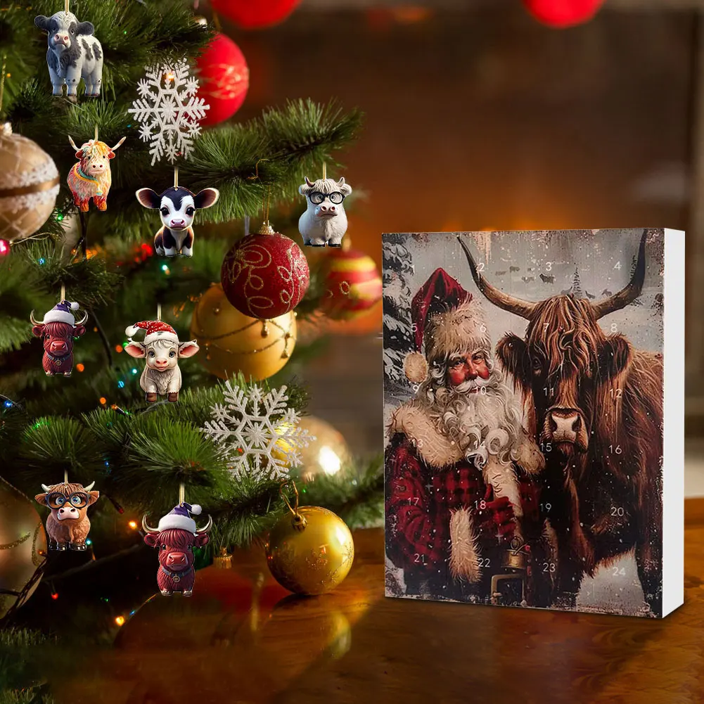 2024 Holiday Advent Calendar Collectible Funny Cow Set Cow Ornaments Acrylic Cartoon Highland Cow Hanging Decorations Home Decor
