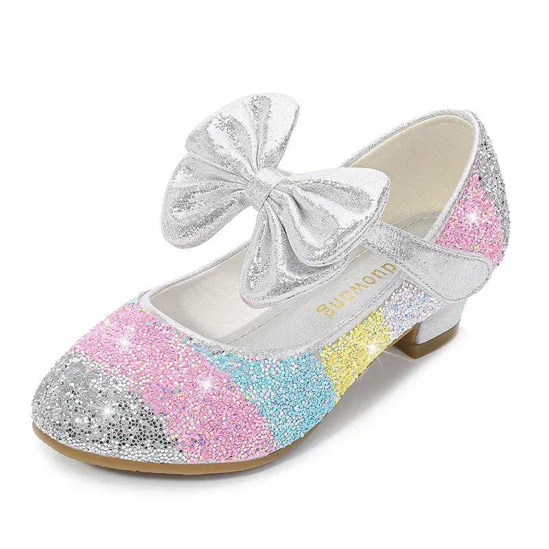 Girls' Leather Shoes Princess Rainbow Stripes Children Shoes Round-Toe Soft-Sole Big Girls High Heel Princess Crystal