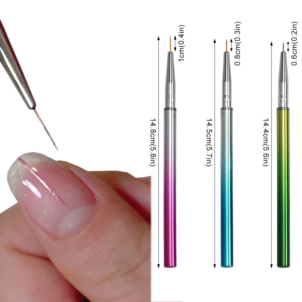 (6mm/8mm/10mm)Nail Art Liner Brushes 3Pcs UV Gel Painting Nail Art Design Brush Gradient Metal Hand Lever Nail Drawing Pen Set 2