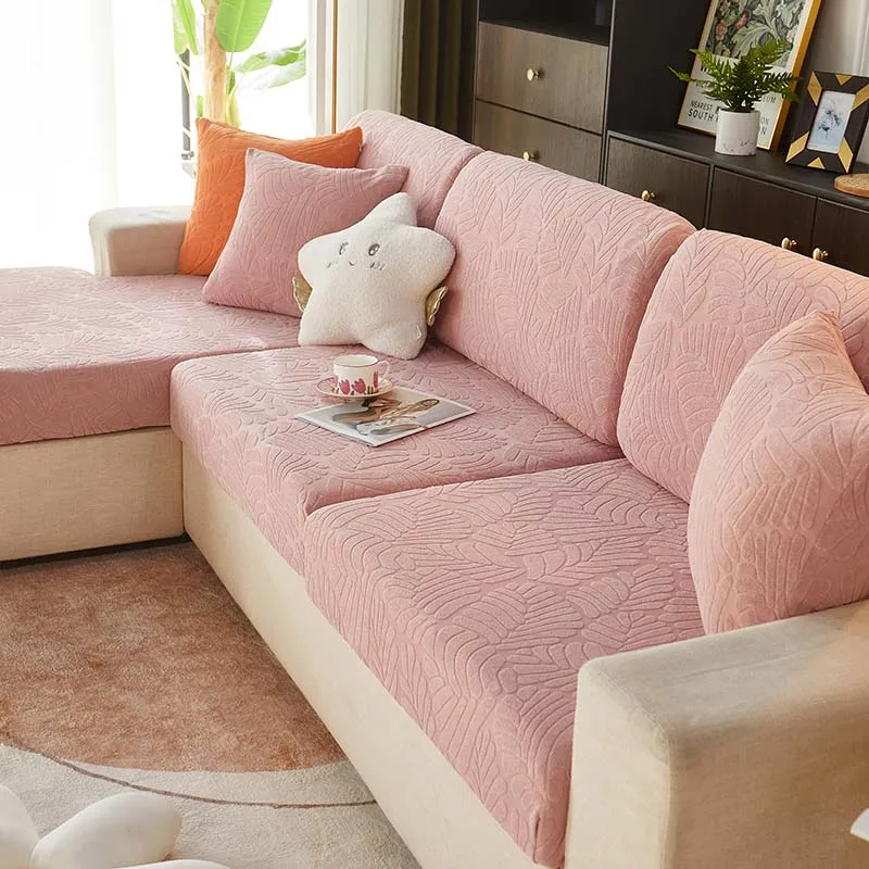 Polyester Jacquard Sofa Cover Pink Thick Elastic For Living Room Armchair Corner Leaf Type Cushions Seats Slipcover Couch Cove