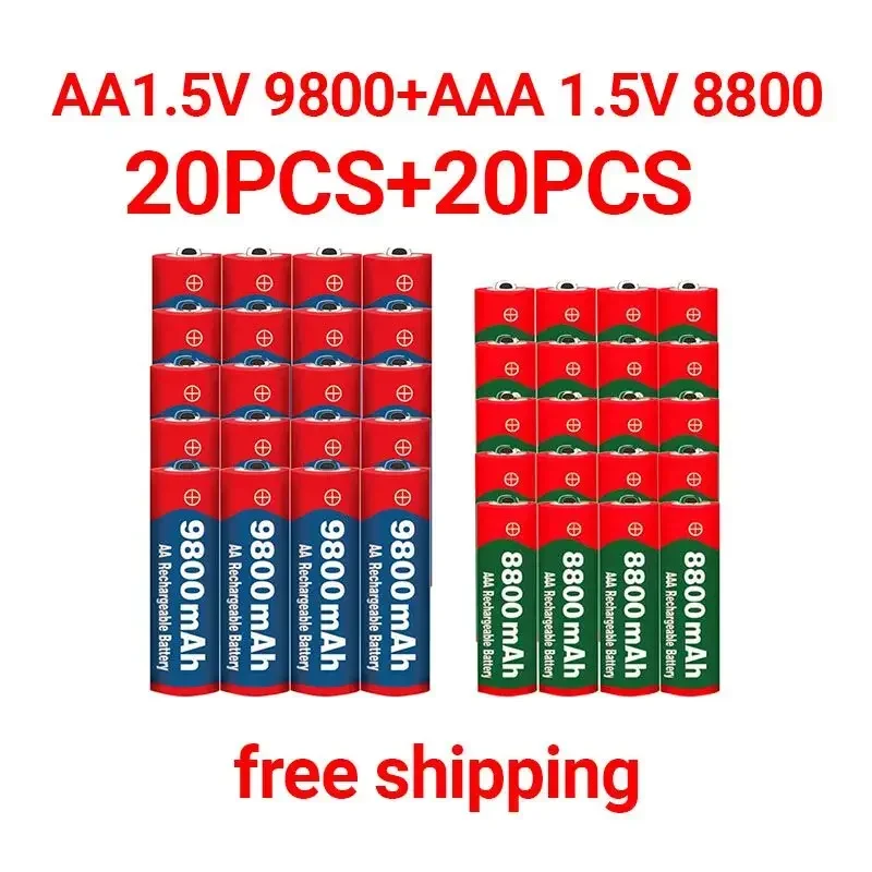 2022 1.5V AA 9800 mAh + 1.5V AAA 8800 mAh 알카라인 1.5V 충전식 배터리, 시계 장난감 카메라 배터리, 무료 배송, 신제품