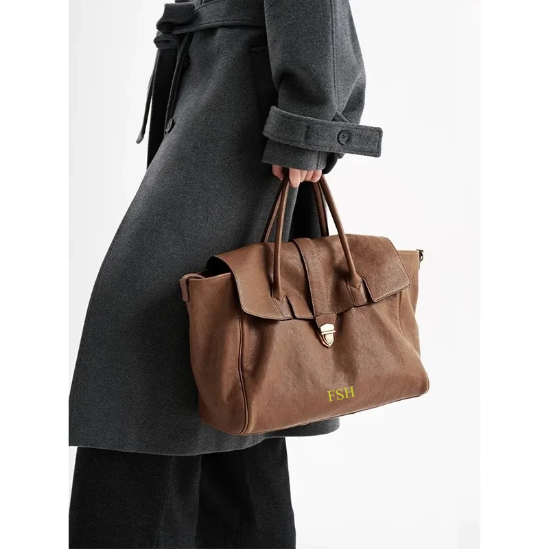 

Personalized Vegetable Tanned Leather Vintage Handbag Fashion Lady Casual Tote Bag Large Capacity Commuter Travel Women's Bag