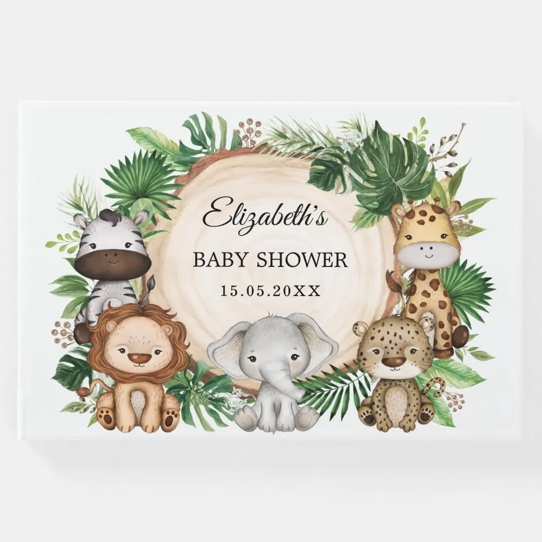 Trendy Greenery Jungle Safari Animals Baby Shower Libro Degli Ospiti, Compleanno, Libro Del Diario Del Bambino, Libro Degli Ospiti Della Baby Shower, 