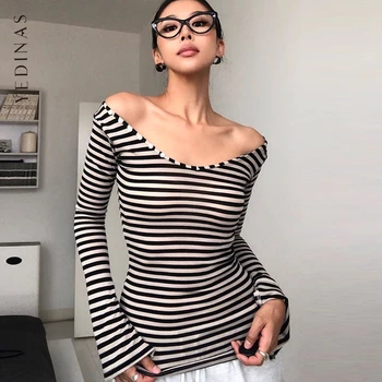 Yedinas Striped Slim T Shirt Women Clothes Long Sleeve Skinny Spring Autumn Tops Tees Female Clothing Sexy 2000s Clothes Y2k 1